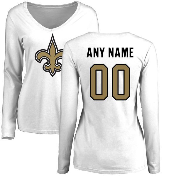 Women New Orleans Saints NFL Pro Line White Custom Name and Number Logo Slim Fit Long Sleeve T-Shirt->nfl t-shirts->Sports Accessory